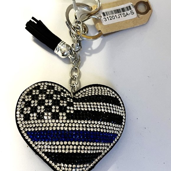 Rhinestone Back the Blue Flag Heart Bag Charm Key chain - Picture 3 of 3